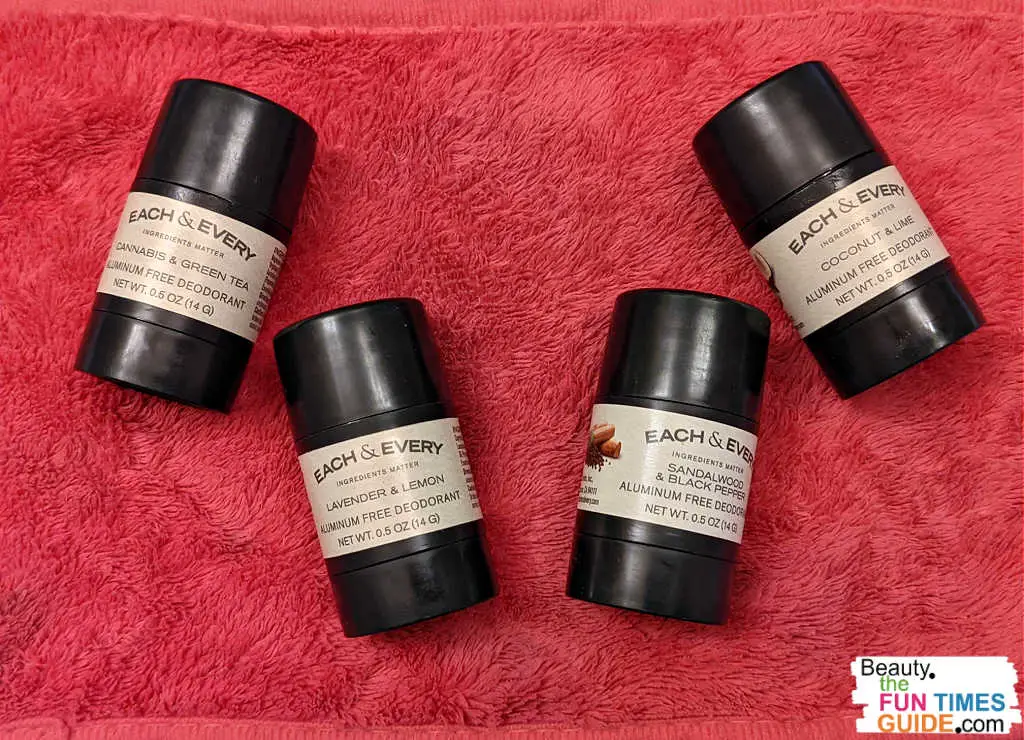 These are the 4 scents I chose for my Each & Every natural deodorant sampler pack: Cannabis & Green Tea, Coconut & Lime, Sandalwood & Black Pepper, Lavender & Lemon.