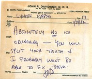 Personalized note from my dentist warning me about the long-term dangers of crunching ice.